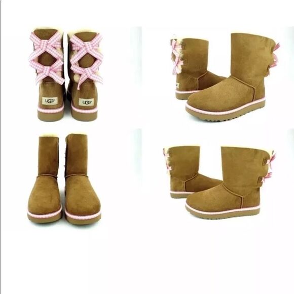 UGG BAILEY BOW GINGHAM CHESTNUT COLOR SUEDE SHEEPSKIN BOOTS SIZE 5 - Picture 1 of 6